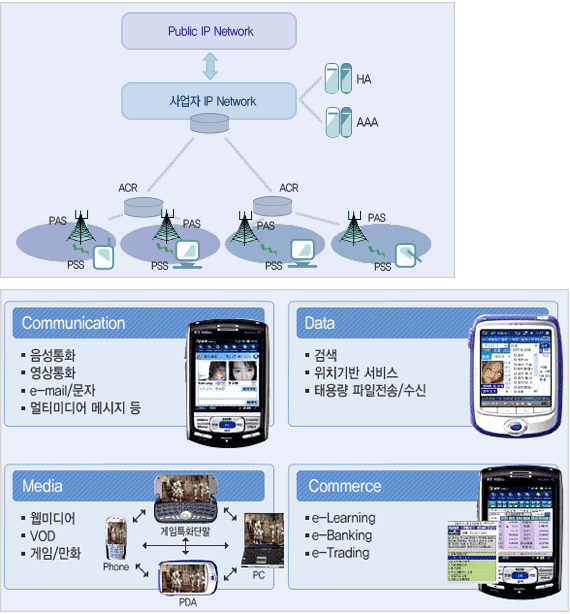 Public IP Network, 사업자 IP Network, ACR, PAS/PSS; Communication: 음성통화, 영상통화, e-mail/문자, 멀티미디어 메시지 등; Data: 검색, 위치기반 서비스, 대용량 파일전송/수신; Media: 웹미디어, VOD, 게임/만화; Commerce: e-Learning, e-Banking, e-Trading;